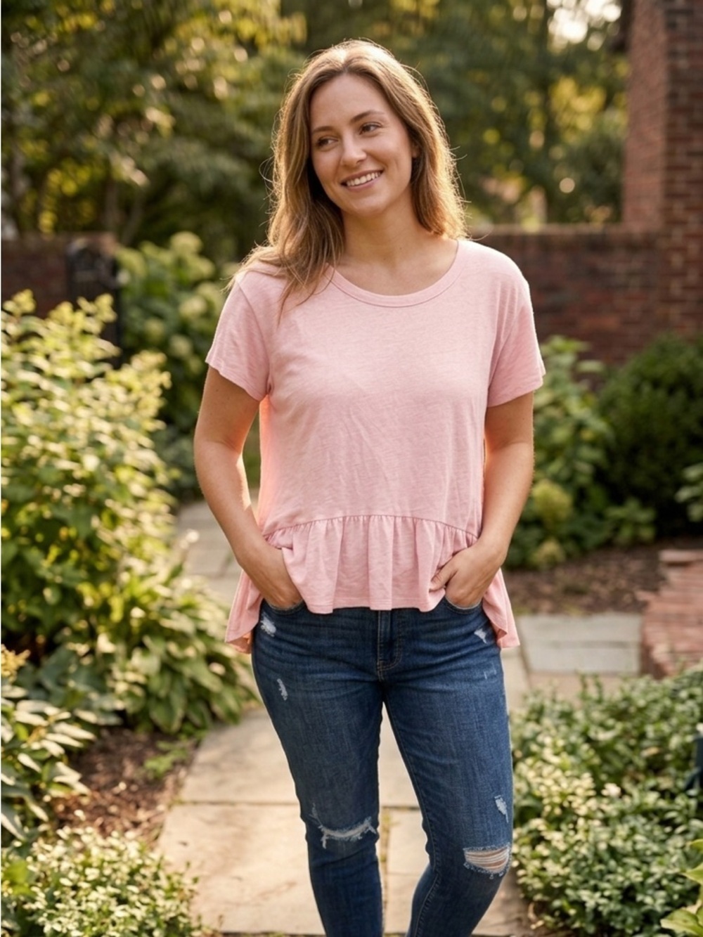 Calvin Klein Jeans Pink Ruffled Short Sleeve Babydoll T- Shirt (Linen / Rayon)